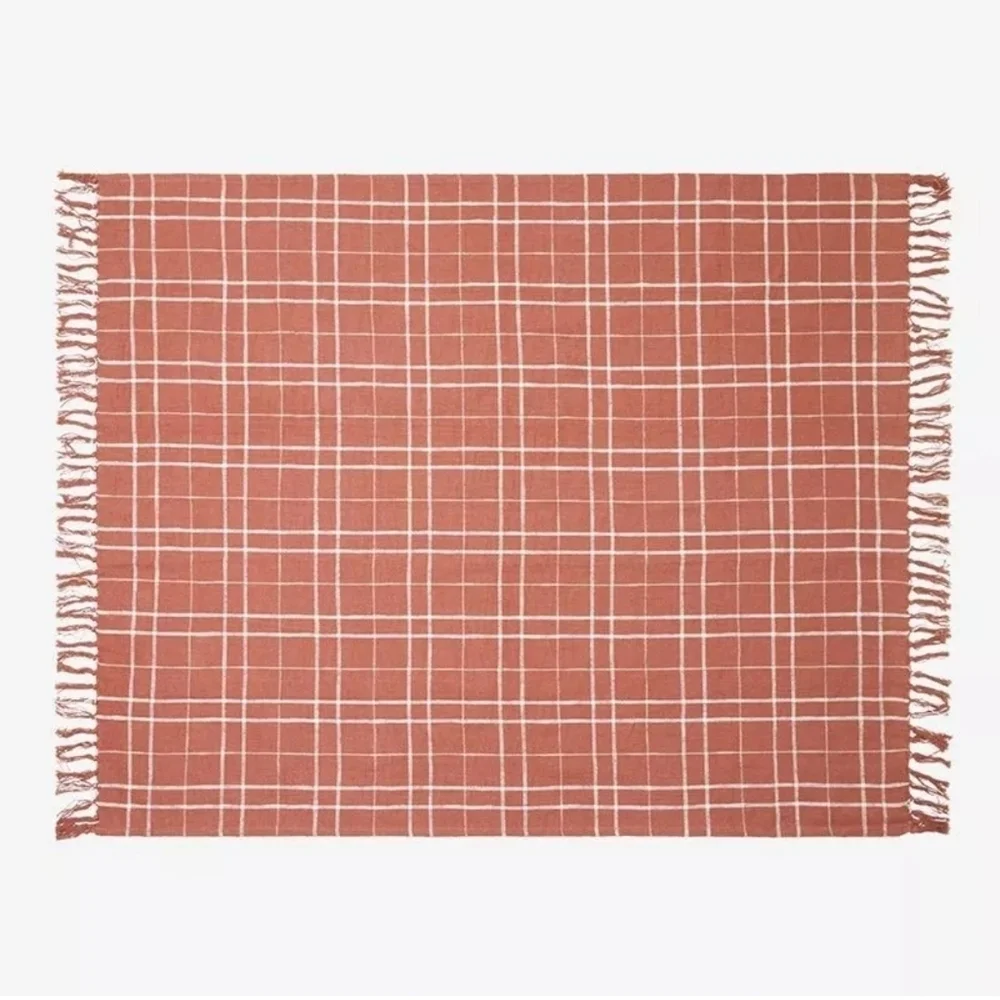 Little Korboose April Nemeth, New Woven Terracotta Plaid Cotton Throw Blanket